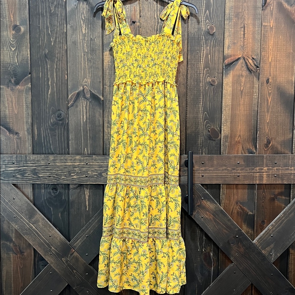 Boho Yellow Floral Tiered Maxi Dress M Smocked Flowy Romantic Euro Summer Chic - Picture 1 of 14